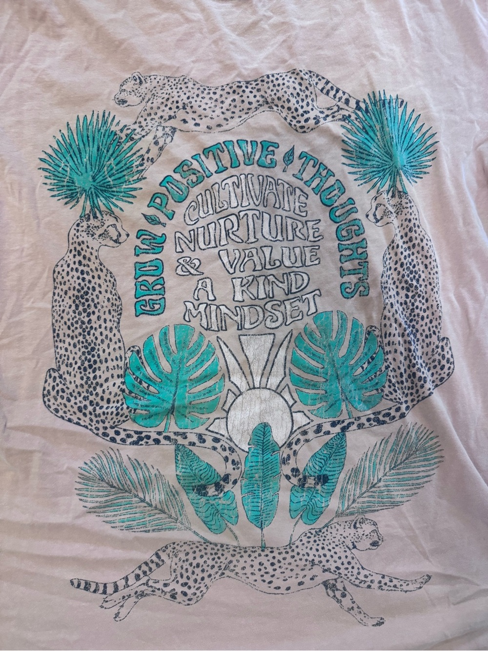 Urban Outfitters Light Pink Tee with Teal Botanical & Cheetah Motif